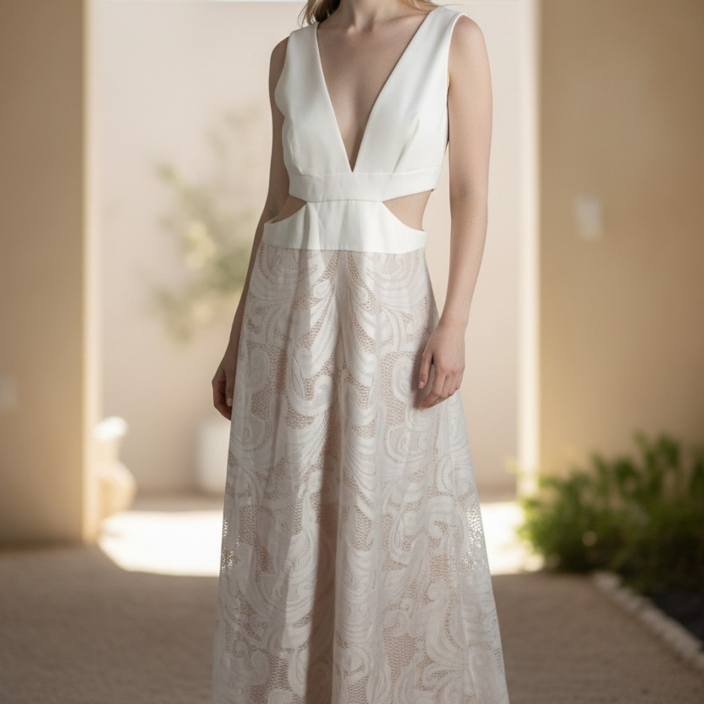 BCBGMAXAZRIA Ivory Plunge V-Neck Cutout Maxi Dress Elegant Formal Gown Sz 6